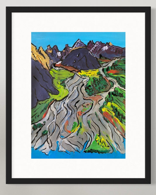 Framed abstract landscape painting with mountains and valleys on a blue background